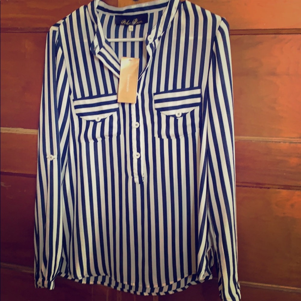 Blue and white striped top.